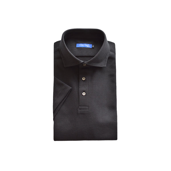 【日本製】 ワッフル ポロシャツ メンズ 半袖 吸水速乾 無地 ワイドカラー ブラック(SPKB25-090-bk)