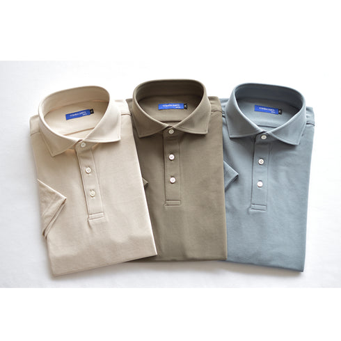 【日本製】 メンズ ポロシャツ 半袖 鹿の子 カノコ 吸水速乾 クールマックス 無地 ワイドカラー ベージュ(SPKB25-091-be)