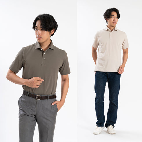 【日本製】 メンズ ポロシャツ 半袖 鹿の子 カノコ 吸水速乾 クールマックス 無地 ワイドカラー ベージュ(SPKB25-091-be)