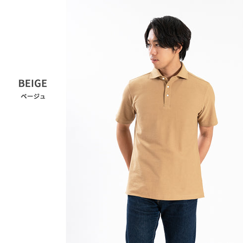 【日本製】 ポロシャツ メンズ 半袖 ビジネス 綿100% 天然素材 やわらかい ドライタッチ 無地 ワイドカラー カーキ(SPKB25-094-kh)