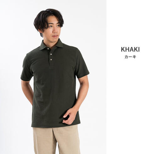 【日本製】 ポロシャツ メンズ 半袖 ビジネス 綿100% 天然素材 やわらかい ドライタッチ 無地 ワイドカラー カーキ(SPKB25-094-kh)