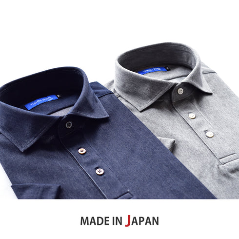 【日本製】 ポロシャツ ビジネス メンズ 半袖 デニム ヘリンボーン 無地 ストレッチ ワイドカラー ネイビー(SPKB25-095-na)
