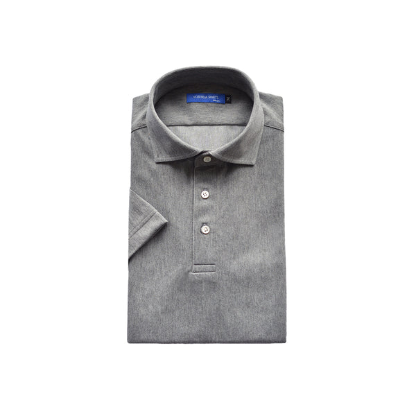 【日本製】 ポロシャツ ビジネス メンズ 半袖 デニム ヘリンボーン 無地 ストレッチ ワイドカラー グレー(SPKB25-095-gr)