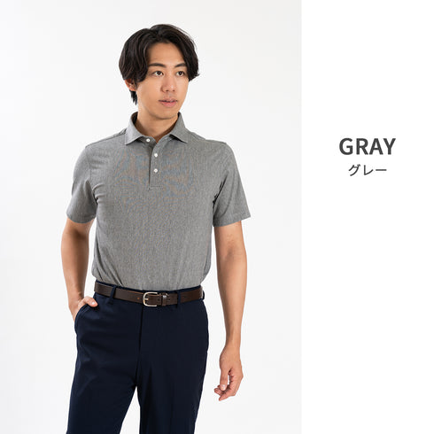 【日本製】 ポロシャツ ビジネス メンズ 半袖 デニム ヘリンボーン 無地 ストレッチ ワイドカラー ネイビー(SPKB25-095-na)