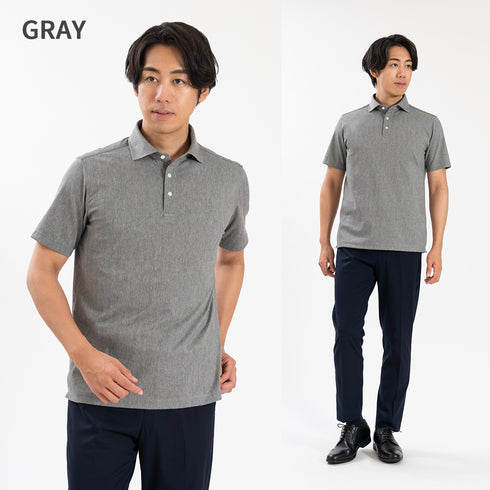 【日本製】 ポロシャツ ビジネス メンズ 半袖 デニム ヘリンボーン 無地 ストレッチ ワイドカラー ネイビー(SPKB25-095-na)