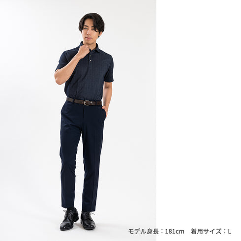 【日本製】 ポロシャツ ビジネス メンズ 半袖 デニム ヘリンボーン 無地 ストレッチ ワイドカラー ネイビー(SPKB25-095-na)