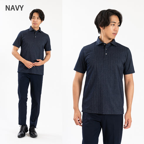【日本製】 ポロシャツ ビジネス メンズ 半袖 デニム ヘリンボーン 無地 ストレッチ ワイドカラー ネイビー(SPKB25-095-na)