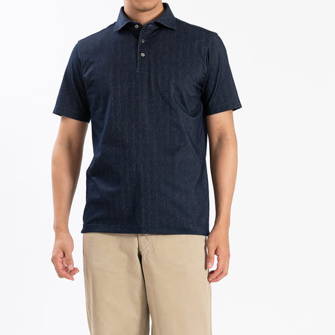 【日本製】 ポロシャツ ビジネス メンズ 半袖 デニム ヘリンボーン 無地 ストレッチ ワイドカラー ネイビー(SPKB25-095-na)