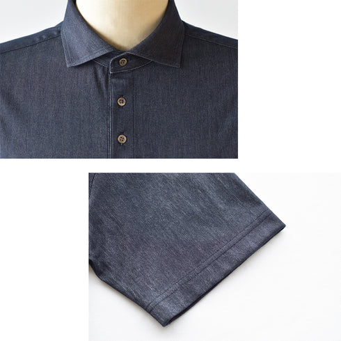 【日本製】 ポロシャツ ビジネス メンズ 半袖 デニム ヘリンボーン 無地 ストレッチ ワイドカラー ネイビー(SPKB25-095-na)