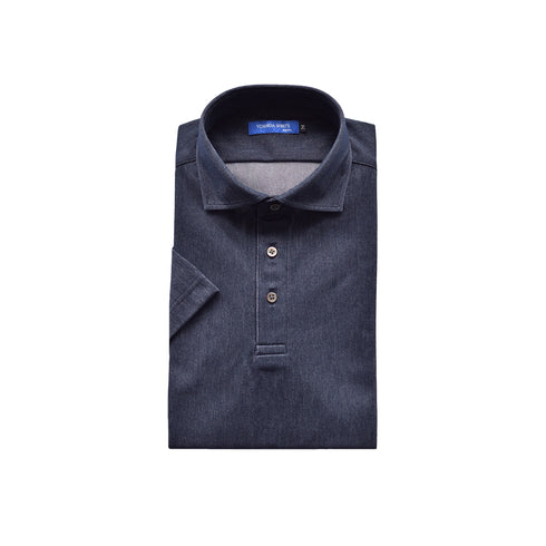 【日本製】 ポロシャツ ビジネス メンズ 半袖 デニム ヘリンボーン 無地 ストレッチ ワイドカラー ネイビー(SPKB25-095-na)