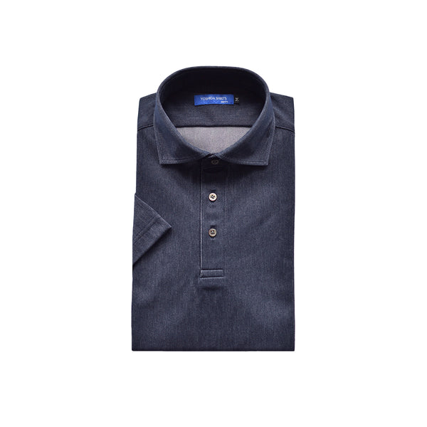 【日本製】 ポロシャツ ビジネス メンズ 半袖 デニム ヘリンボーン 無地 ストレッチ ワイドカラー ネイビー(SPKB25-095-na)