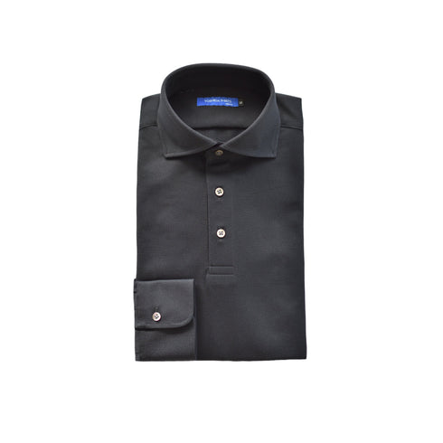 【日本製】 ポロシャツ メンズ 長袖 ビジネス 鹿の子 カノコ 吸水速乾 無地 ワイドカラー ブラック(SPKB25-096-bk)