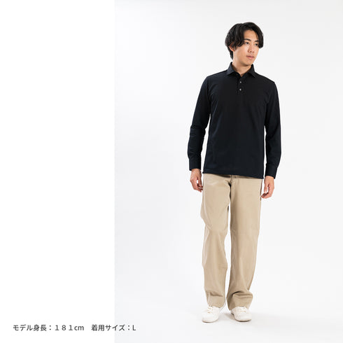 【日本製】 ポロシャツ メンズ 長袖 ビジネス 鹿の子 カノコ 吸水速乾 無地 ワイドカラー ホワイト(SPKB25-096-wh)