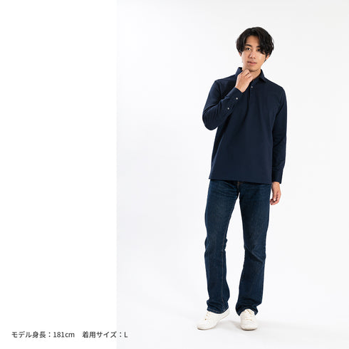 【日本製】 ポロシャツ メンズ 長袖 ビジネス 鹿の子 カノコ 吸水速乾 無地 ワイドカラー ホワイト(SPKB25-096-wh)