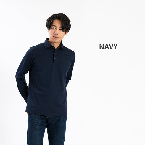 【日本製】 ポロシャツ メンズ 長袖 ビジネス 鹿の子 カノコ 吸水速乾 無地 ワイドカラー ホワイト(SPKB25-096-wh)