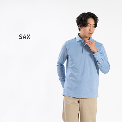 【日本製】 ポロシャツ メンズ 長袖 ビジネス 鹿の子 カノコ 吸水速乾 無地 ワイドカラー ホワイト(SPKB25-096-wh)