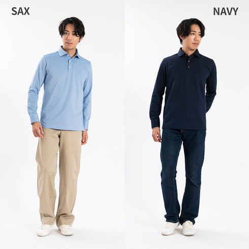 【日本製】 ポロシャツ メンズ 長袖 ビジネス 鹿の子 カノコ 吸水速乾 無地 ワイドカラー ホワイト(SPKB25-096-wh)