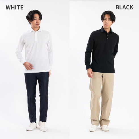 【日本製】 ポロシャツ メンズ 長袖 ビジネス 鹿の子 カノコ 吸水速乾 無地 ワイドカラー ホワイト(SPKB25-096-wh)