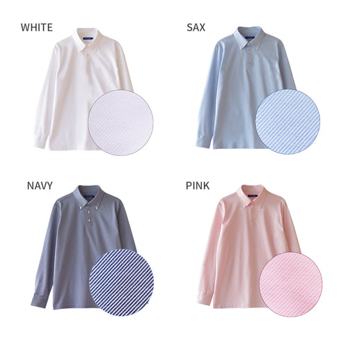 【日本製】 ポロシャツ メンズ 長袖 ビジネス 吸水速乾 ノンアイロン ストレッチ ボタンダウン 無地 ピンク(SPKB25-097-pi)