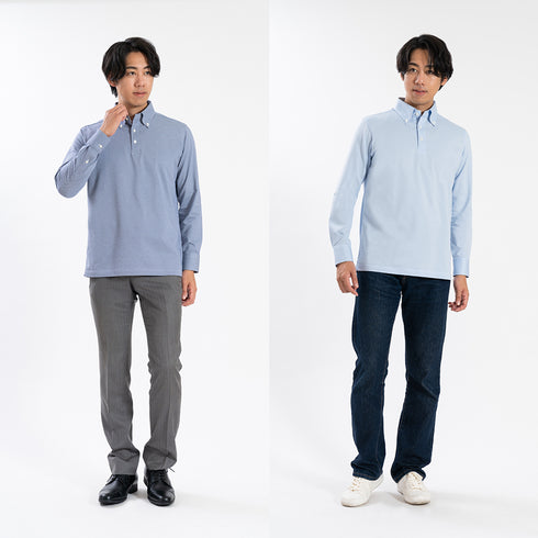 【日本製】 ポロシャツ メンズ 長袖 ビジネス 吸水速乾 ノンアイロン ストレッチ ボタンダウン 無地 ピンク(SPKB25-097-pi)