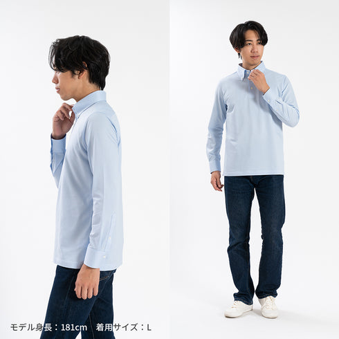 【日本製】 ポロシャツ メンズ 長袖 ビジネス 吸水速乾 ノンアイロン ストレッチ ボタンダウン 無地 ピンク(SPKB25-097-pi)