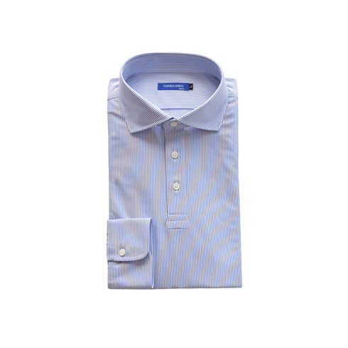 【日本製】ポロシャツ メンズ 長袖 ビジネス カジュアル ノーアイロン ストライプ ワイドカラー ブルー(SPKB25-098-bl)