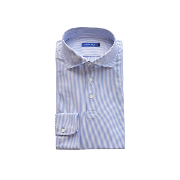 【日本製】ポロシャツ メンズ 長袖 ビジネス カジュアル ノーアイロン ストライプ ワイドカラー ブルー(SPKB25-098-bl)