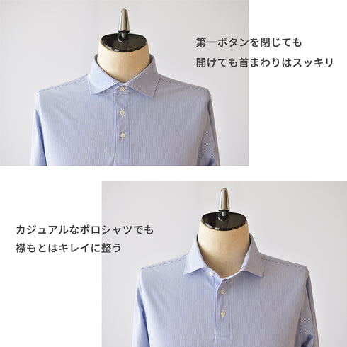 【日本製】ポロシャツ メンズ 長袖 ビジネス カジュアル ノーアイロン ストライプ ワイドカラー ブルー(SPKB25-098-bl)