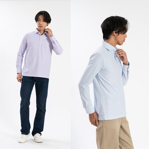 【日本製】ポロシャツ メンズ 長袖 ビジネス カジュアル ノーアイロン ストライプ ワイドカラー ブルー(SPKB25-098-bl)