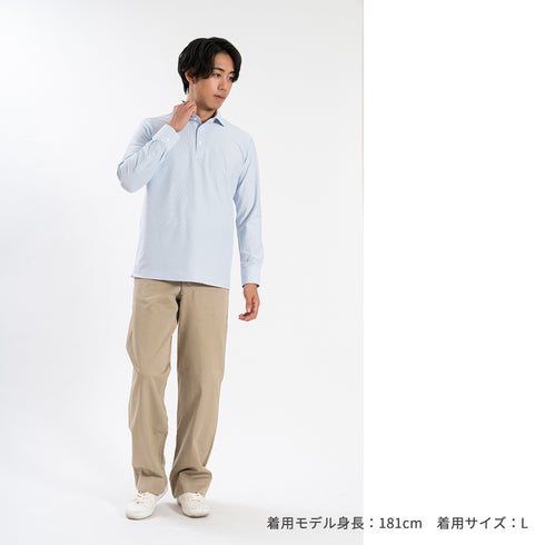 【日本製】ポロシャツ メンズ 長袖 ビジネス カジュアル ノーアイロン ストライプ ワイドカラー ブルー(SPKB25-098-bl)
