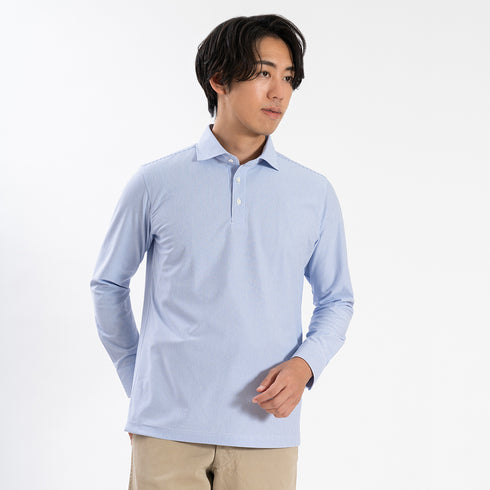 【日本製】ポロシャツ メンズ 長袖 ビジネス カジュアル ノーアイロン ストライプ ワイドカラー ブルー(SPKB25-098-bl)