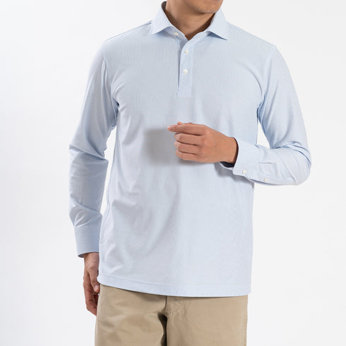 【日本製】ポロシャツ メンズ 長袖 ビジネス カジュアル ノーアイロン ストライプ ワイドカラー ブルー(SPKB25-098-bl)