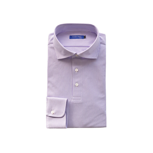 【日本製】ポロシャツ メンズ 長袖 ビジネス カジュアル ノーアイロン ストライプ ワイドカラー パープル(SPKB25-098-pu)