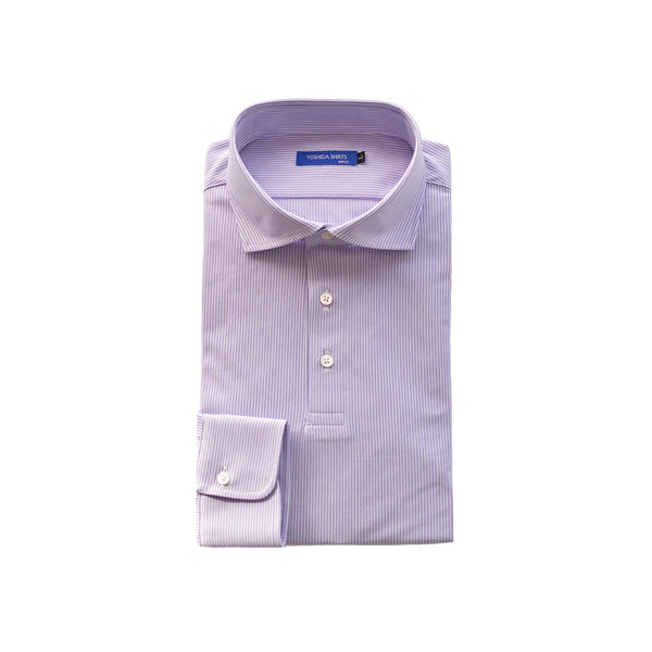 【日本製】ポロシャツ メンズ 長袖 ビジネス カジュアル ノーアイロン ストライプ ワイドカラー パープル(SPKB25-098-pu)