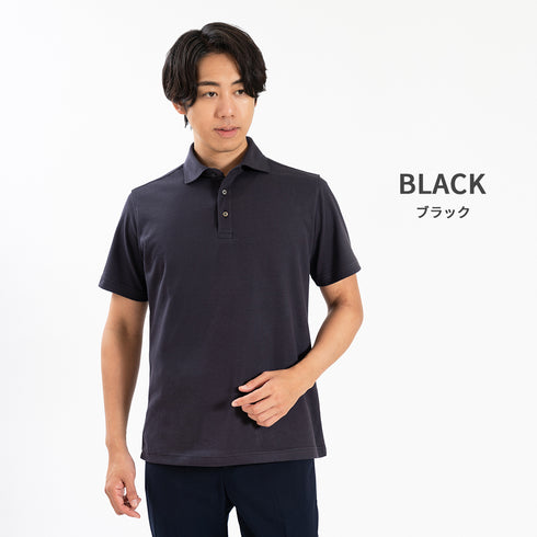【日本製】メンズ ポロシャツ 半袖 ビジネス 抗菌効果 ピエクレックス 無地 ワイドカラー ブラック(SPKB25-107-bk)