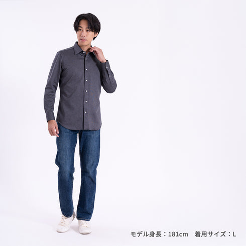 【日本製】長袖 シャツ メンズ 暖かい 保温 発熱 柔らかい ニットシャツ セミワイドカラー ネイビー(SNKN25-109-na)