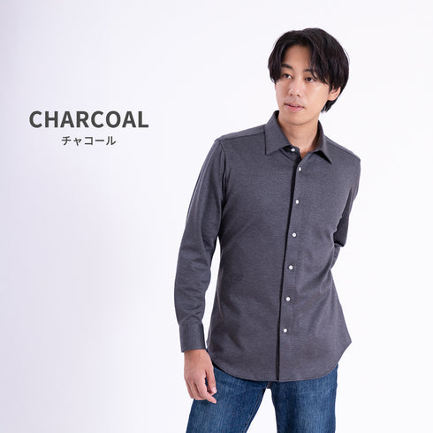 【日本製】長袖 シャツ メンズ 暖かい 保温 発熱 柔らかい ニットシャツ セミワイドカラー ネイビー(SNKN25-109-na)