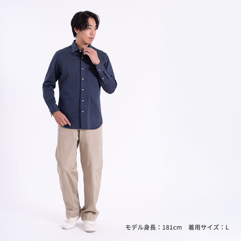 【日本製】長袖 シャツ メンズ 暖かい 保温 発熱 柔らかい ニットシャツ セミワイドカラー ネイビー(SNKN25-109-na)