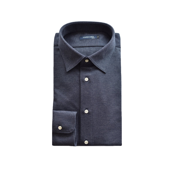 【日本製】長袖 シャツ メンズ 暖かい 保温 発熱 柔らかい ニットシャツ セミワイドカラー ネイビー(SNKN25-109-na)