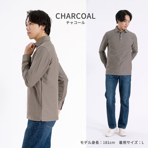 【日本製】 ポロシャツ 長袖 メンズ ネルポロシャツ 暖かい 柔らかい ワイドカラー 無地 グレー(SPKB25-111-gr)