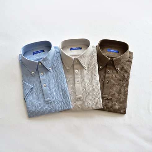 【日本製】メンズ ポロシャツ 半袖 ビジネスカジュアル 吸水速乾 シアサッカー ボタンダウン カーキ(SPKB26-117-kh)