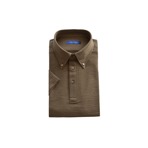 【日本製】メンズ ポロシャツ 半袖 ビジネスカジュアル 吸水速乾 シアサッカー ボタンダウン カーキ(SPKB26-117-kh)