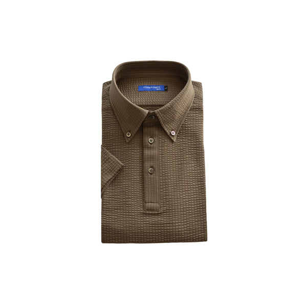 【日本製】メンズ ポロシャツ 半袖 ビジネスカジュアル 吸水速乾 シアサッカー ボタンダウン カーキ(SPKB26-117-kh)