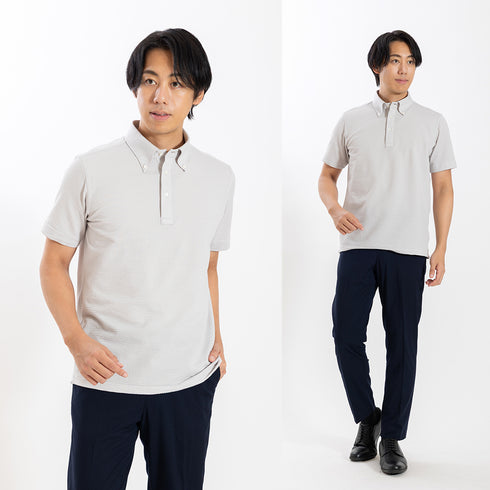 【日本製】メンズ ポロシャツ 半袖 ビジネスカジュアル 吸水速乾 シアサッカー ボタンダウン カーキ(SPKB26-117-kh)