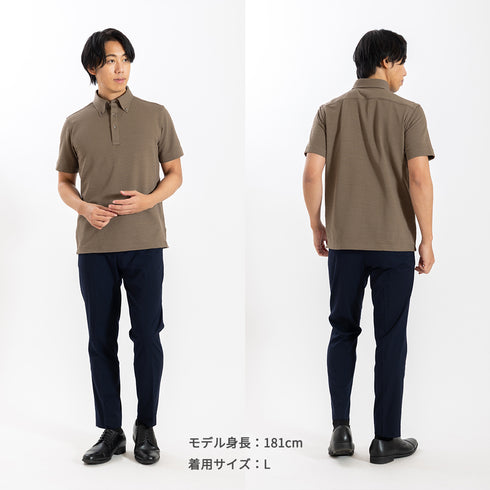 【日本製】メンズ ポロシャツ 半袖 ビジネスカジュアル 吸水速乾 シアサッカー ボタンダウン カーキ(SPKB26-117-kh)