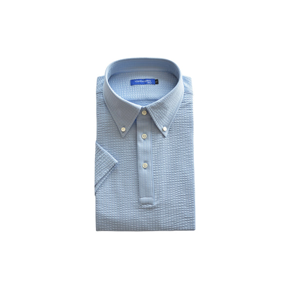 【日本製】メンズ ポロシャツ 半袖 ビジネスカジュアル 吸水速乾 シアサッカー ボタンダウン サックス(SPKB26-117-sa)