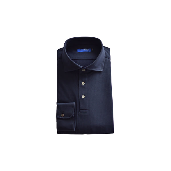 【日本製】 ポロシャツ 長袖 メンズ ビジネスカジュアル ビズポロ 吸水速乾 ワイドカラー ヘリンボーン ネイビー(SPKB26-121-na)