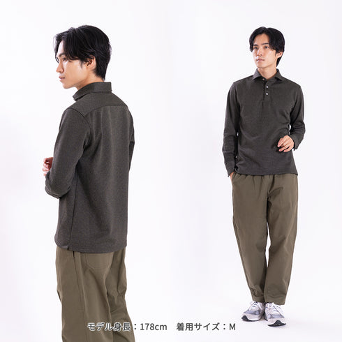 【日本製】 ポロシャツ 長袖 メンズ ビジネスカジュアル 速乾 快適 テックツイード ウールライク ワイドカラー ネイビー(SPKB26-128-na)