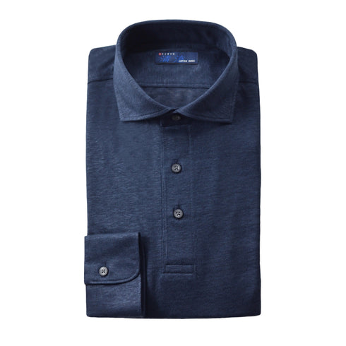 【日本製】 ポロシャツ メンズ 長袖 プレミアム リネン100% 無地 ネイビー(SPKJ23-024-na)