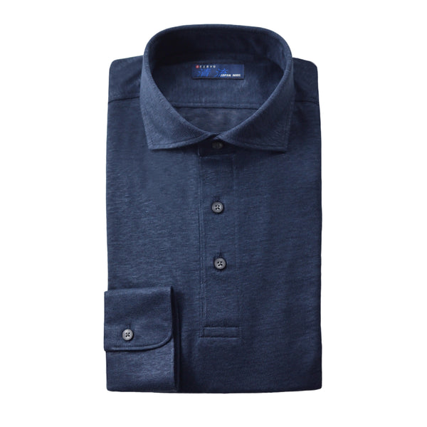 【日本製】 ポロシャツ メンズ 長袖 プレミアム リネン100% 無地 ネイビー(SPKJ23-024-na)